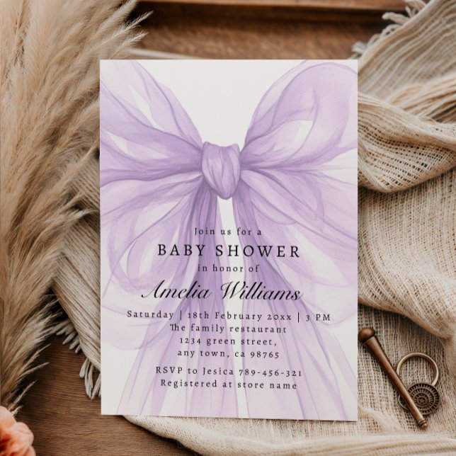 Invitation Soft Lilac Tulle Bow Modern Baby (Créateur téléchargé)