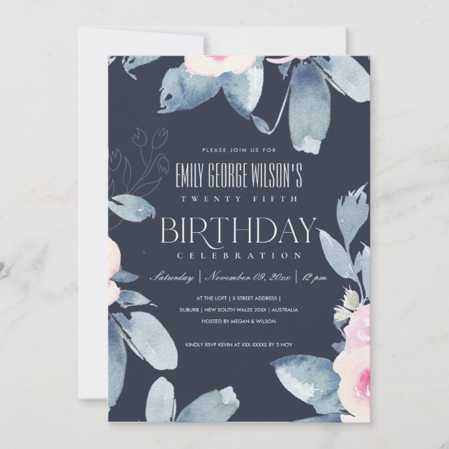Invitation SOFT NAVY BLUSH BLEU FLORAL 25e TOUT ÂGE ANNIVERSA (Devant)
