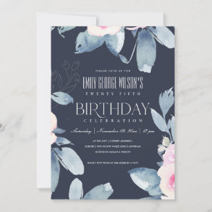 Invitation SOFT NAVY BLUSH BLEU FLORAL 25e TOUT ÂGE ANNIVERSA