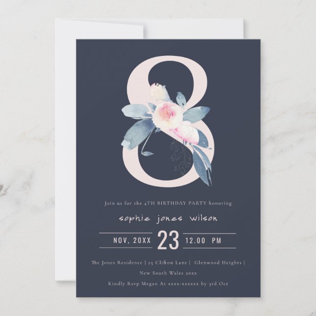 INVITATION SOFT NAVY BLUSH BLEU FLORAL 8E TOUT ÂGE ANNIVERSAI (Devant)