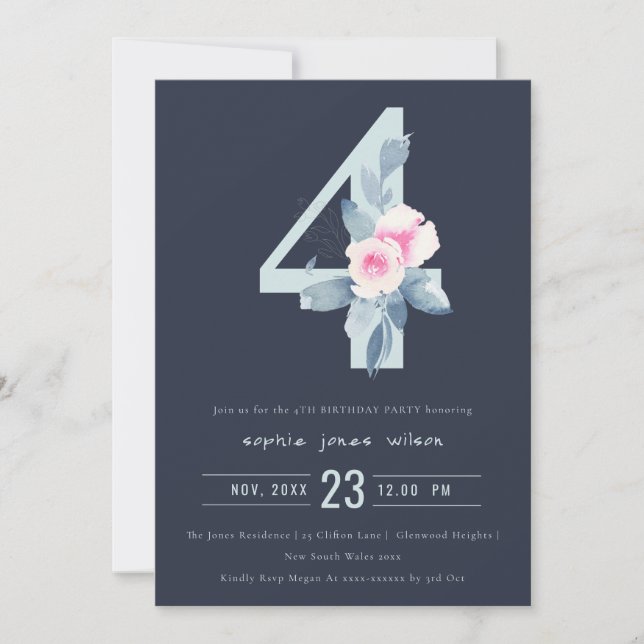 INVITATION SOFT NAVY BLUSH BLUE FLORAL 4TH N'IMPORTE QUEL ÂGE (Devant)