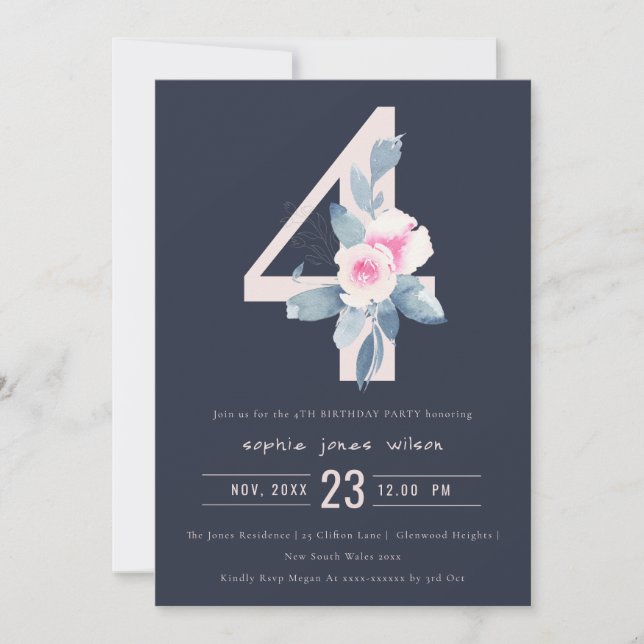 INVITATION SOFT NAVY BLUSH BLUE FLORAL 4TH N'IMPORTE QUEL ÂGE (Devant)