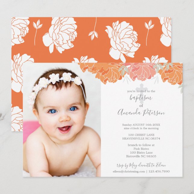 Invitation Soft Orange & Peach Peonies Cross Girl Baptism (Devant / Derrière)