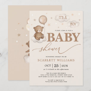 Invitation Soft Pastel Bear Balloon Nuages Etoiles Baby showe