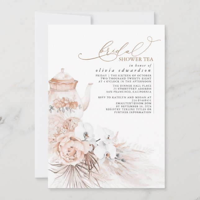 Invitation Soft Pastel Floral Pampas Thé Fête des mariées Gra (Devant)