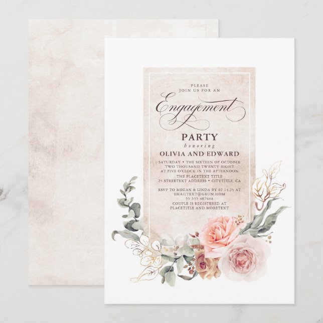 Invitation Soft Pastel Flowers Boho Elegant Engagement Party (Devant / Derrière)