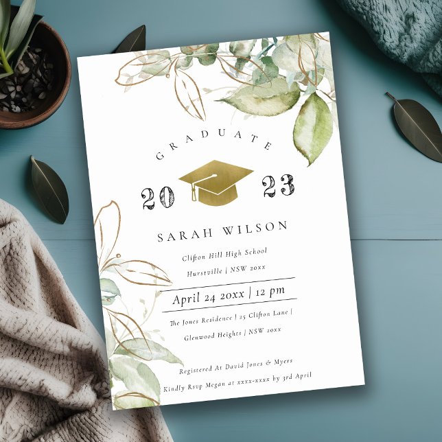 Invitation Soft Pastel Gold Green Foliage fête de graduation (Créateur téléchargé)