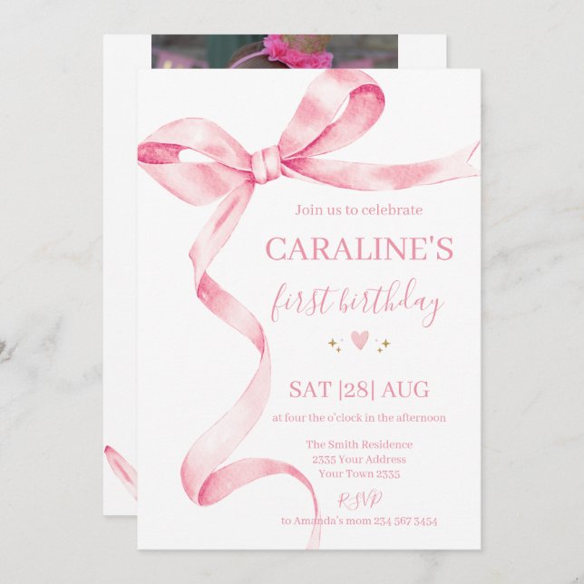 Invitation Soft Pastel Pink Bow 1st Birthday  (Devant / Derrière)