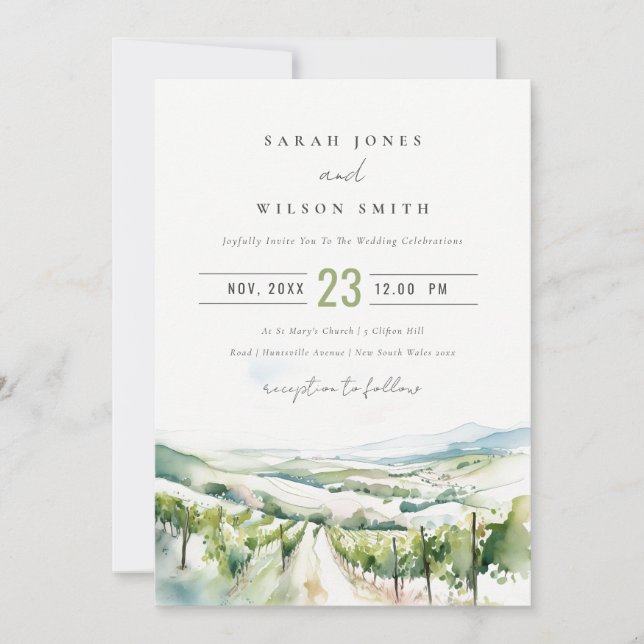 Invitation Soft Pastel Watercolor Vineyard Landscape Wedding (Devant)