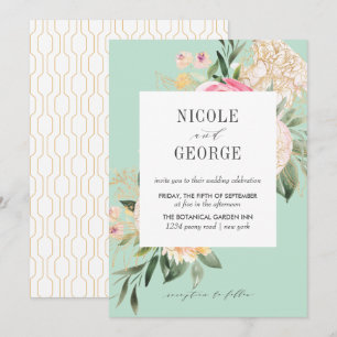 Invitation Soft Peony Gold Geometry Aqua Watercolor mariage