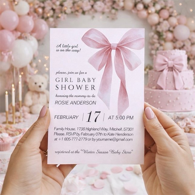 Invitation Soft Pink Bow Girl Baby Shower (Soft Pink Bow Girl Baby Shower Invitation)