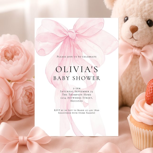Invitation Soft Pink Bow Text Overlay Baby Shower (Créateur téléchargé)