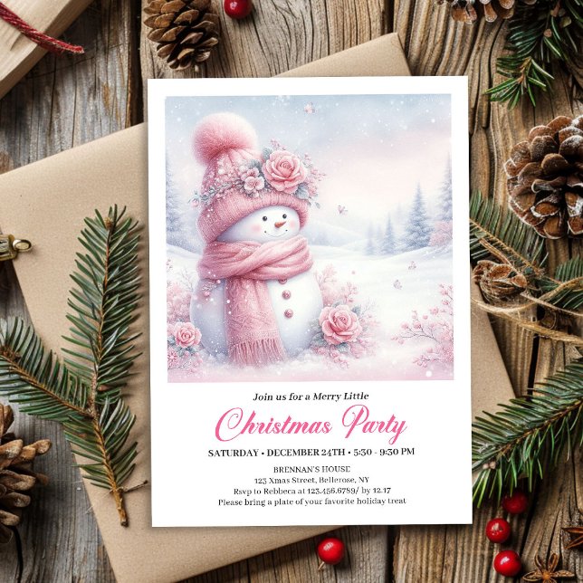 Invitation Soft Pink Coquette Snowman Editable Christmas Kids (Soft Pink Coquette Snowman Editable Christmas Kids Invite)