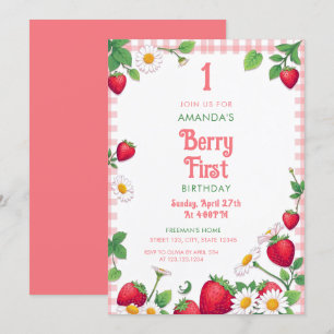 Invitation Soft Pink En vichy Strawberry Girl 1er anniversair
