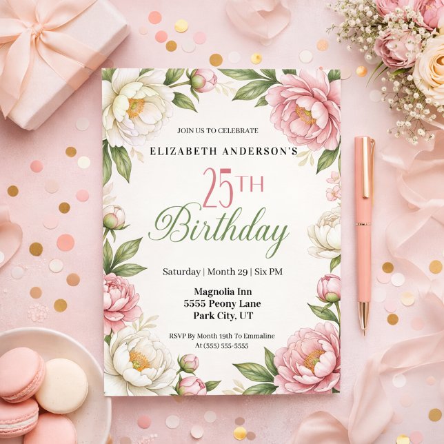 Invitation Soft Pink Magnolia and Peony 25th Birthday  (Créateur téléchargé)