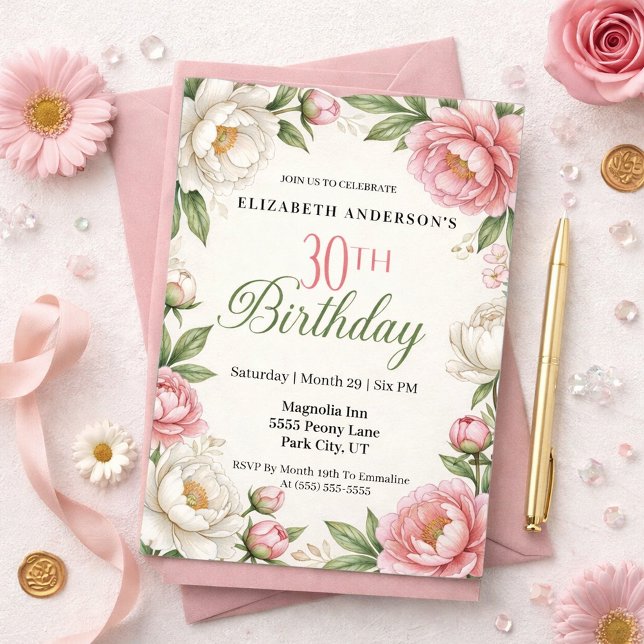 Invitation Soft Pink Magnolia and Peony 30th Birthday  (Créateur téléchargé)
