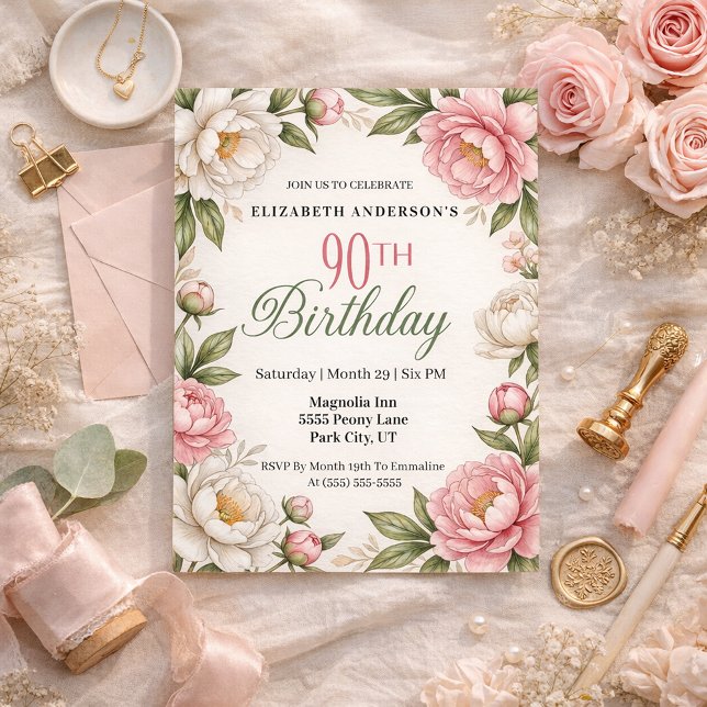 Invitation Soft Pink Magnolia and Peony 90th Birthday  (Elegant pink peony and white magnolia floral 90th birthday invitation with soft botanical greenery )