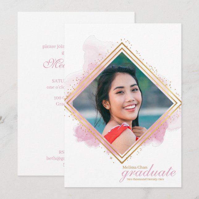 Invitation Soft Pink Pastel et Gold Diamond Graduation Invit (Devant / Derrière)