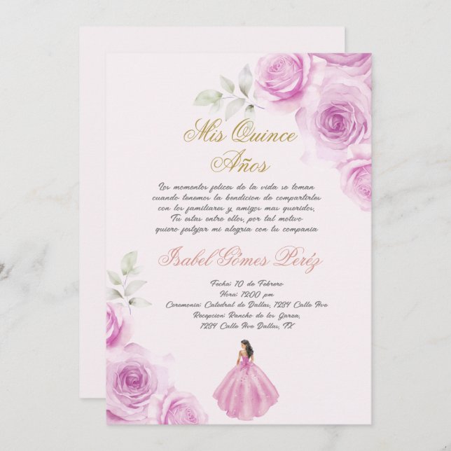Invitation Soft pink Quinceanera Spanish (Devant / Derrière)
