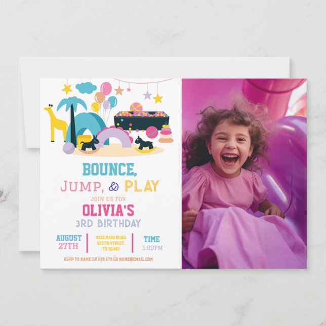 Invitation Soft Play Bounce Jump Anniversaire Pink Girls Part (Devant)