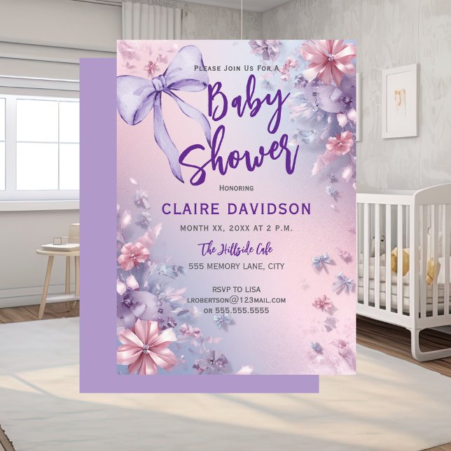 Invitation Soft Purple Baby Shower  (Baby Shower Soft Purple Pink and Blue Bows)