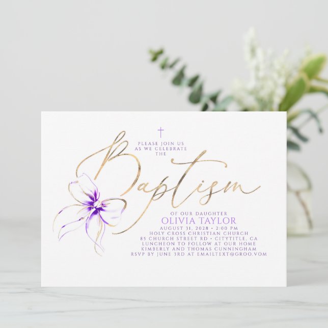 Invitation Soft Purple Bow Elegant Minimalist Modern Baptism (Debout devant)