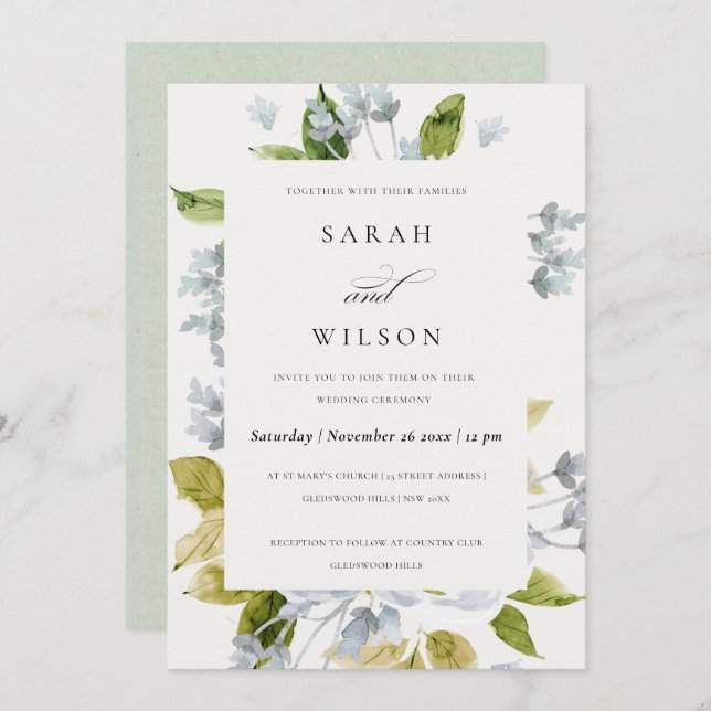 INVITATION SOFT ROMANTIQUE BÉBÉ BLEU EAU COULEUR MARIAGE FLOR (Devant / Derrière)