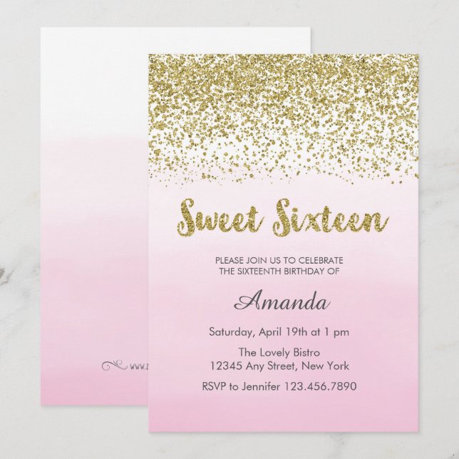 Invitation Soft Rose and Gold Sweet 16 Anniversaire Invitatio (Devant / Derrière)