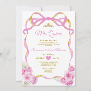 Invitation Soft Rose Floral Bow Ribbon Or Couronne Mis Quince