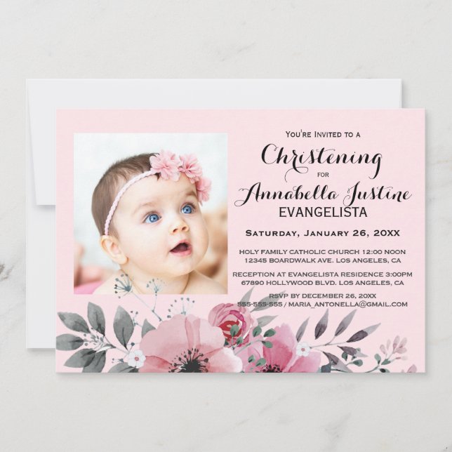 Invitation Soft Rose Floral CHRISTENING Élégant événement (Devant)