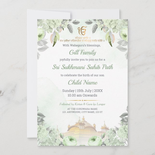 Invitation Soft Sage Green Floral Sukhmani Sahib Path Invite (Devant)