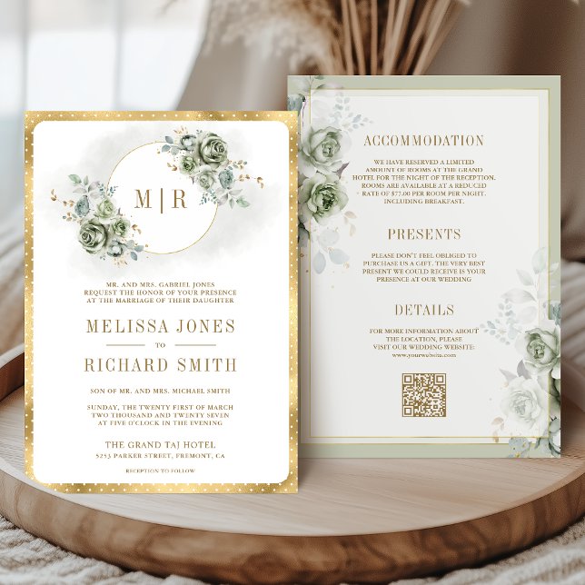 Invitation Soft Sage Vert Floral Or tout en un Mariage (Créateur téléchargé)
