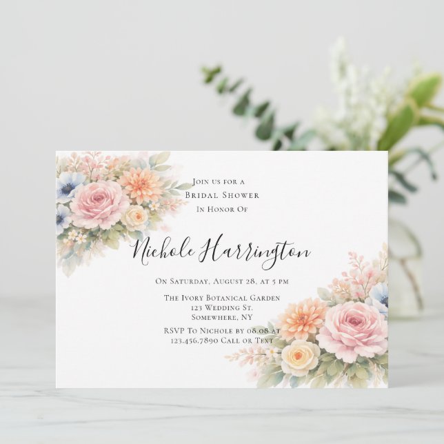 Invitation Soft Watercolor Floral Bridal Shower (Debout devant)