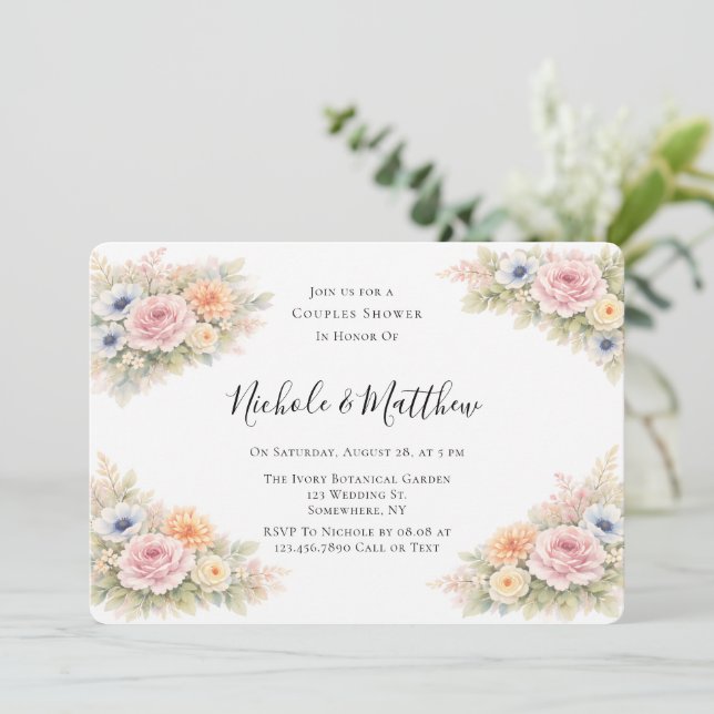 Invitation Soft Watercolor Floral Couples Shower (Debout devant)