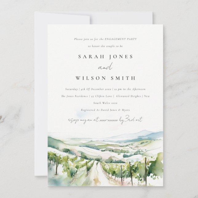 Invitation Soft Watercolor Vineyard Landscape Engagement (Devant)