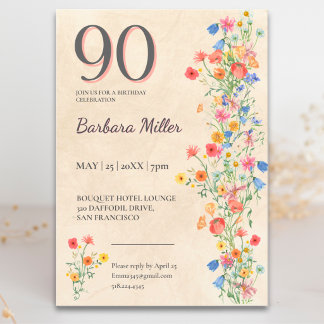 Invitation Soft Wildflower 90th Birthday Elegant Party