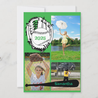 Invitation Softball/ Baseball 3 Photo Green Graduation