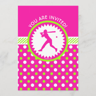Invitation Softball personnalisé rose - Polka-Dots verts