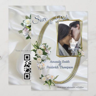 Invitation Soie blanche luxueuse et fluide et roses blanches.