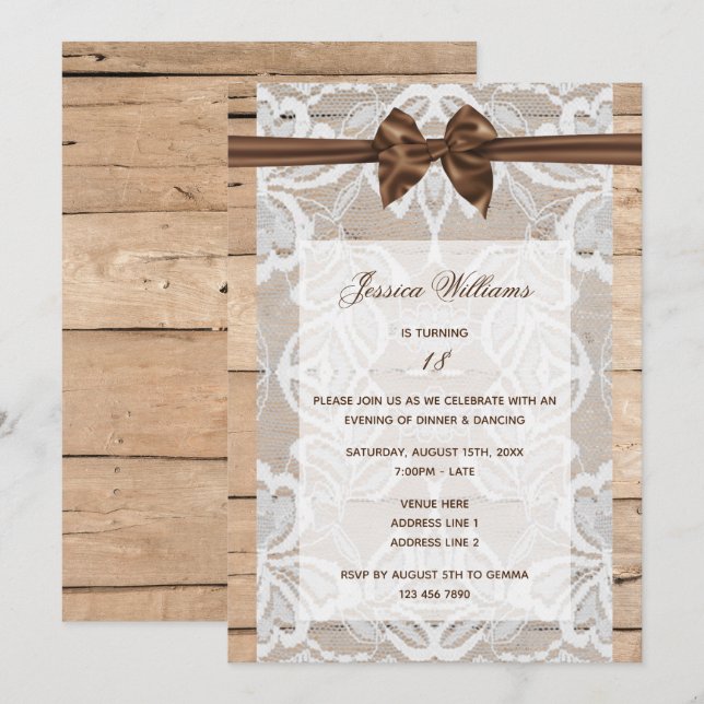 Invitation Soie Bow & dentelle Anniversaire (Devant / Derrière)