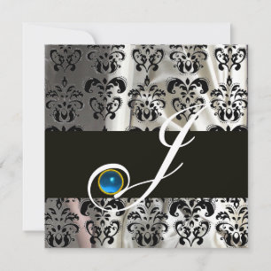 INVITATION SOIE DAMASSÉE NOIR BLANC MONOGRAMME SAPPHIR BLEU