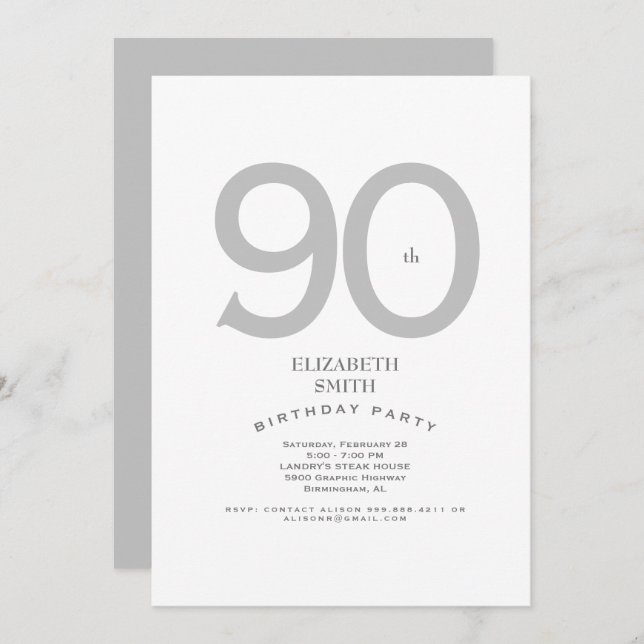 Invitation Soie et blanc Elégant 90ème anniversaire (Devant / Derrière)