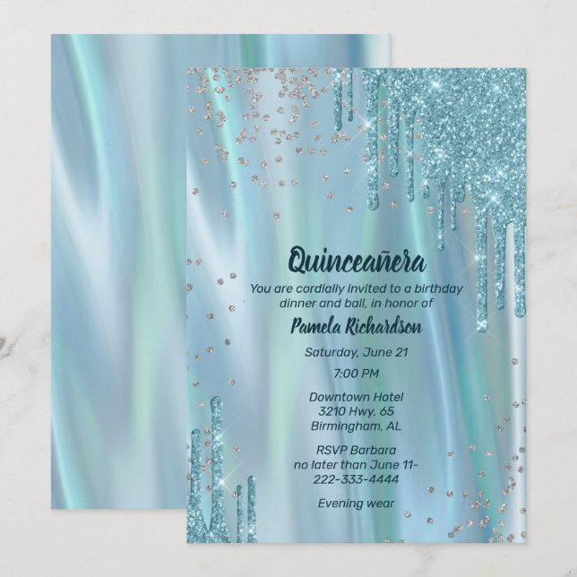 Invitation Soie et Parties scintillant glamour Look Quinceañe (Devant / Derrière)