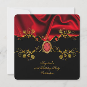 Invitation Soie Rouge Élégante Bijou Or Noir Fête d'Anniversa