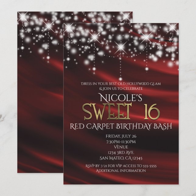 Invitation Soie rouge et étincelle Gold Sweet 16 Glam Invitat (Devant / Derrière)