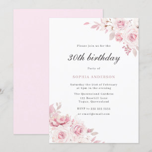 Invitation Soignée Blush Fleurs élégantes 30e fête d'annivers