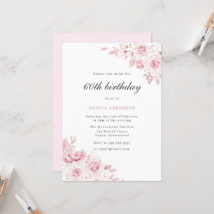 Invitation Soignée Blush Fleurs élégantes 60e fête d'annivers