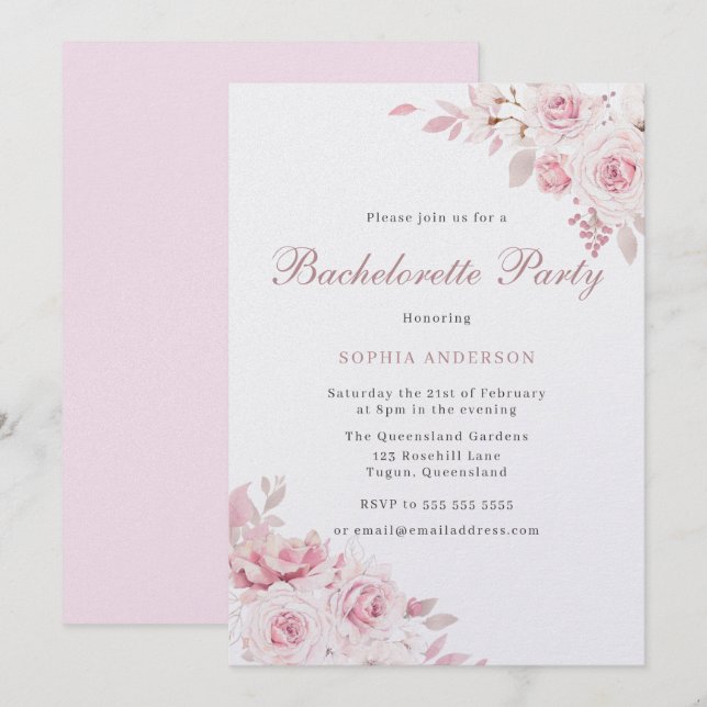 Invitation Soignée Blush Fleurs Élégantes Bachelorette Party (Devant / Derrière)