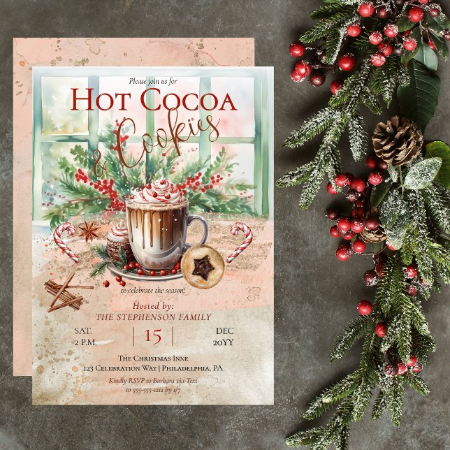 Invitation Soignée et nostalgique Hot Cocoa and Cookies Party (Elegant and Nostalgic Hot Cocoa and Cookies Christmas Holiday Party Invitation)