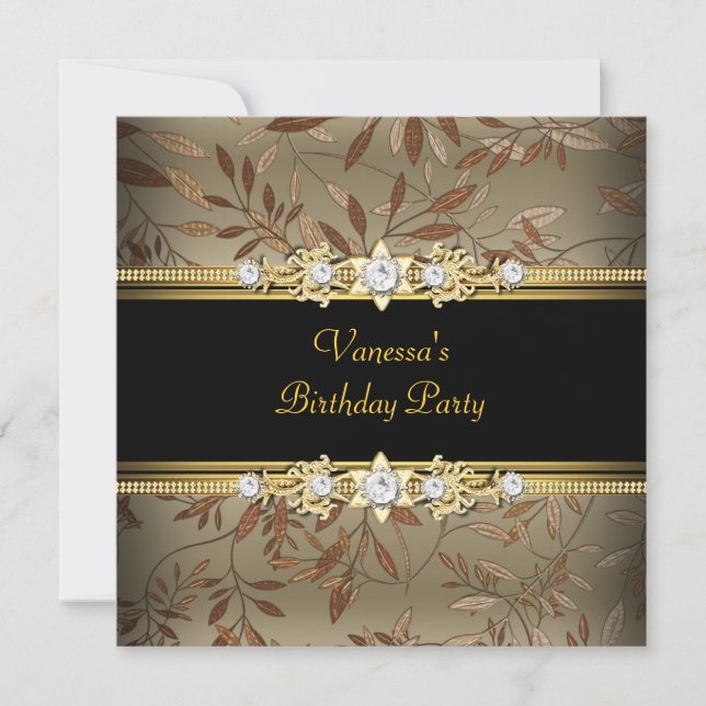 Invitation Soignée fête d'anniversaire Gold Black Floral Brow (Devant)